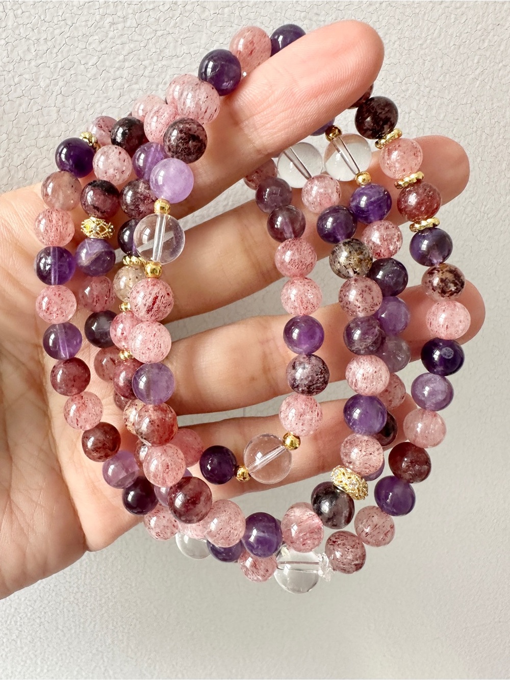 Strawberry & Amethyst Beaded Stretch Bracelet 7.25 inch or Necklace 33 inches